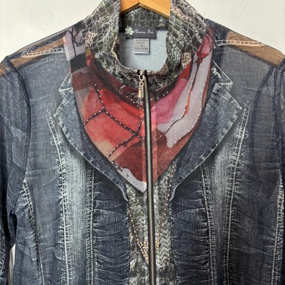 Damee Blue Polyester Mesh Trompe L’oeil Zip-Up Jacket Women’s M Art to Wear - Picture 11 of 12